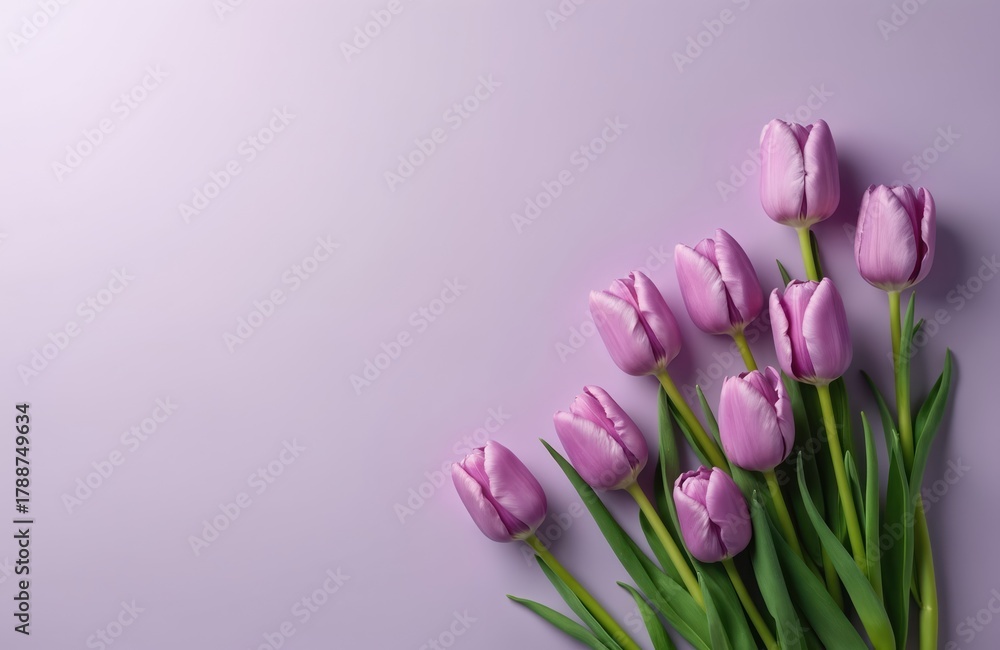 Fototapeta premium Eight soft violet tulips with green stems rest on pastel purple backdrop. Beautiful floral arrangement, perfect for spring greetings mothers day or easter cards.