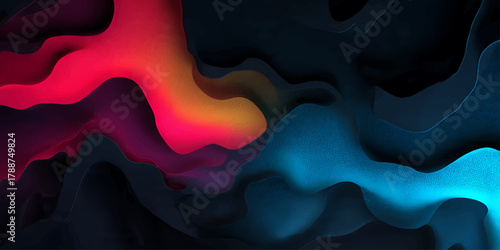 Abstract concept illustration of red, yellow, and black smoke patterns with curving motion and a wave design on a dark background