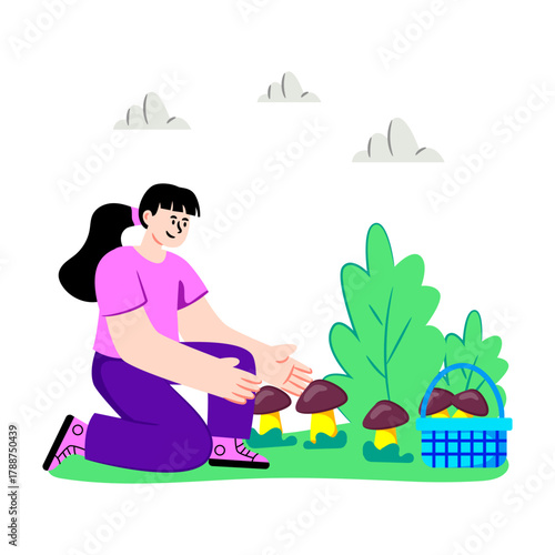 Picking mushrooms illustration, editable vector