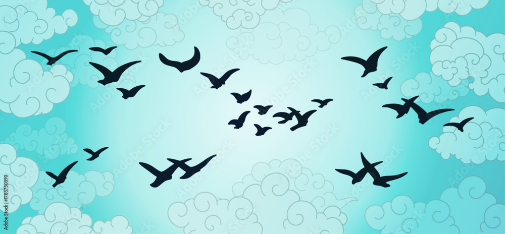 Fototapeta premium Flock of Flying Birds Soaring Through Sky, Wildlife Freedom Grace Nature and Unity. Vector Panoramic Banner Illustration of Dove Migration, Clean Ornamental Asian Cartoon Clouds