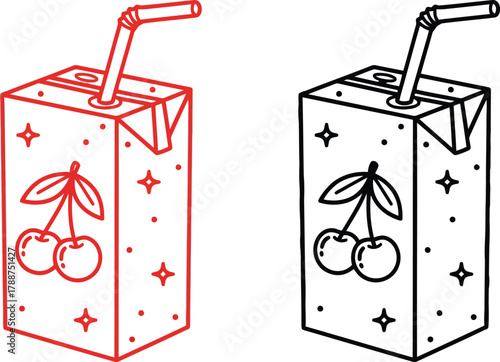 Red and black outline juice boxes with cherries Keywords: juice box, drink, beverage, cherry