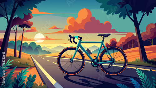 Very beautiful road bike parked on a scenic road at sunset, featuring warm golden light, long soft shadows, and a realistic peaceful landscape with ample copy space in the background.