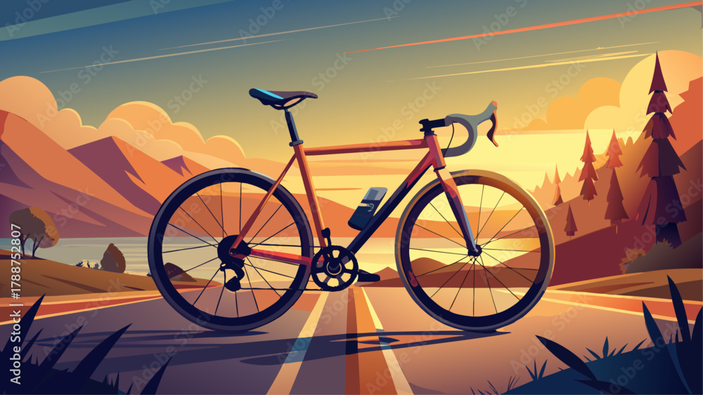 Fototapeta premium Very beautiful road bike parked on a scenic road at sunset, featuring warm golden light, long soft shadows, and a realistic peaceful landscape with ample copy space in the background.