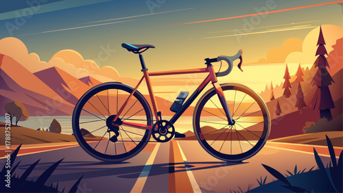 Very beautiful road bike parked on a scenic road at sunset, featuring warm golden light, long soft shadows, and a realistic peaceful landscape with ample copy space in the background.