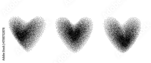 Hearts black halftone icons. Grain noise gradient dots dust shapes.  Black grainy heart shade isolated. Vector spray paint love symbols shapes illustration