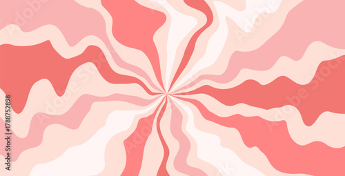Pink candy wobbly pattern. Creamy texture starburst background. Retro spiral sun rays backdrop. Abstract girly illustration. Vector wavy dynamic lines decoration. Carnival stripes design