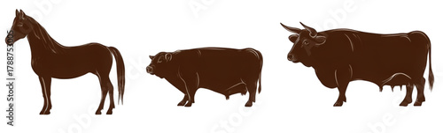 Brown silhouettes of horse bull and cow farm animals.