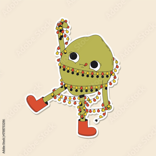 Cute winter illustration of a green lime tangled in the Christmas colourful garland. Fruit with funny face. Holiday sticker pack.