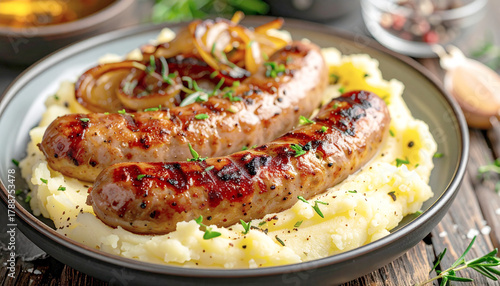 Grilled pork sausages served with mashed potatoes and caramelized onions. AI