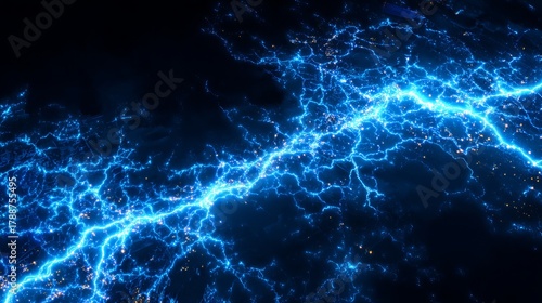 Dynamic electric blue lightning strikes illuminate dark sky with glowing energy pulses, creating a powerful and energetic cosmic storm effect