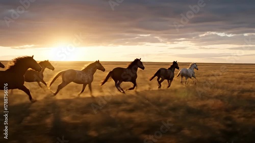 Wild horses galloping across a dusty field at sunset