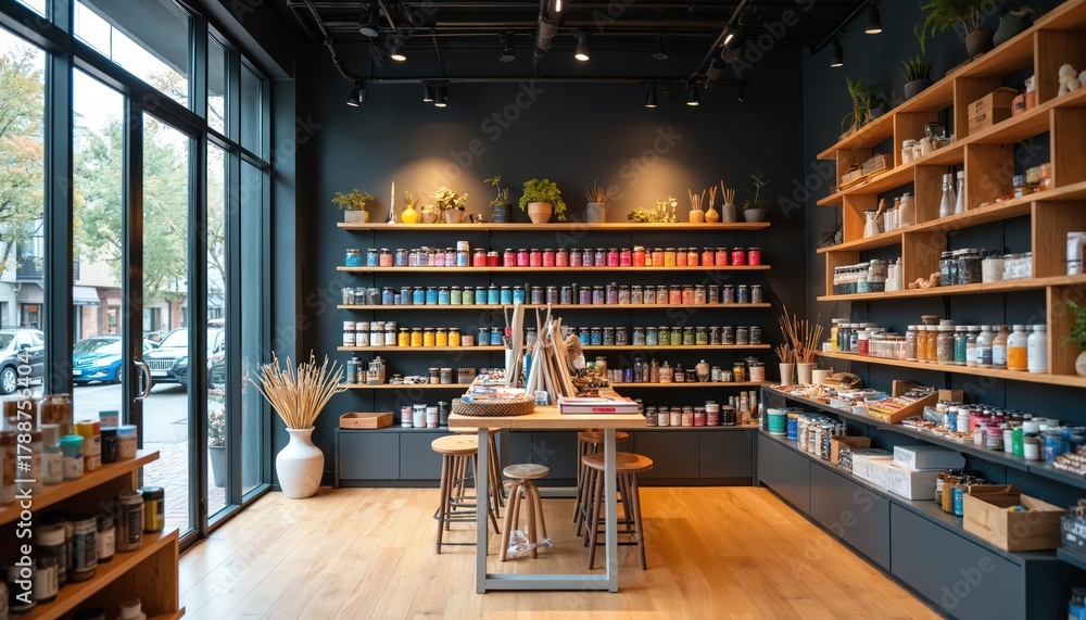 Naklejka premium Modern art supply store interior with colorful paint jars on wooden shelves. Customers try craft materials at central table with stools. Natural light comes from large street window. Bright cozy