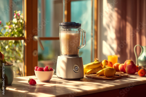 Fototapeta Naklejka Na Ścianę i Meble -  Blender with smoothie on kitchen table with fruits in background