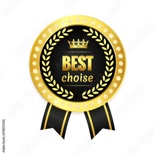 Elegant Black and Gold Best Choice Badge with Crown, Laurel Wreath and Ribbons