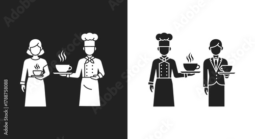 Hospitality Staff Vector Icon Set with Chef and Waiter Silhouettes