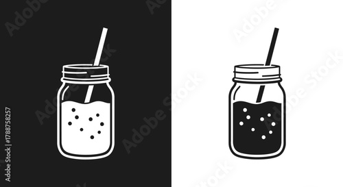 Minimalist Mason Jar Drink Vector Icon Set in Black and White for Cafe Menu Design