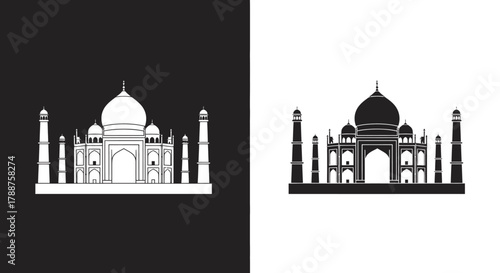 Minimalist Taj Mahal Landmark Vector Icon Set in Black and White