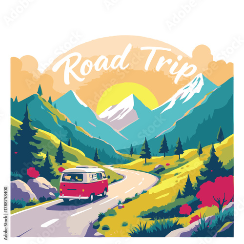 Road trip adventure through scenic mountain landscape with colorful sky and winding road