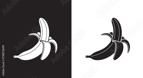 Minimalist Peeled Banana Vector Icon Graphic Fruit Silhouette in Black and White