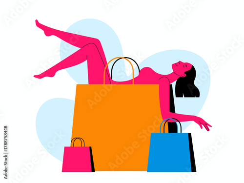 A vibrant illustration showing a fashionable shopper relaxing amidst large shopping bags, evoking feelings of joy, style, and the excitement of retail therapy.