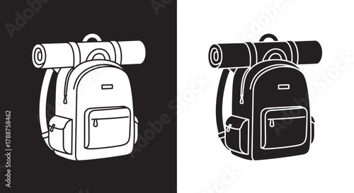 Minimalist Hiking Backpack Vector Icon with Sleeping Bag in Black and White