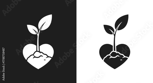 Minimalist Vector Logo of a Plant Sprout Growing from a Heart Symbol in Black and White