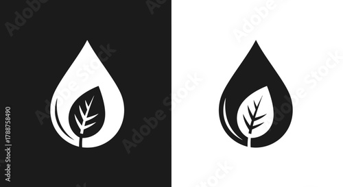 Minimalist eco friendly icon with a leaf inside a water drop.