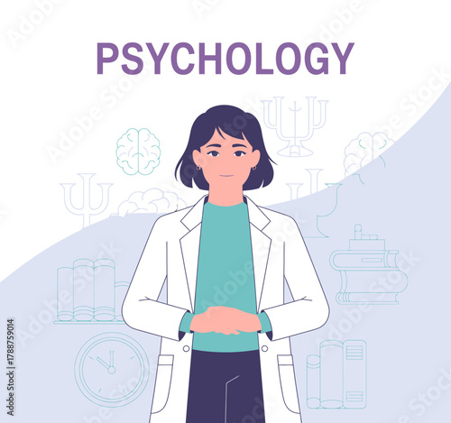 A professional depiction of a psychologist standing confidently, surrounded by brain and book icons, highlighting the significance of mental health and psychological studies.