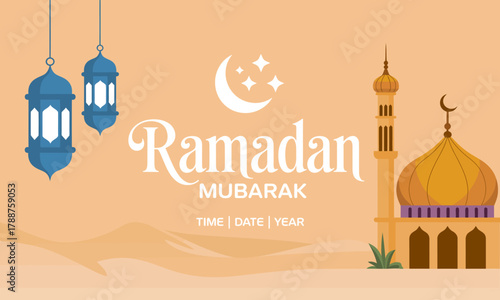A festive Ramadan greeting featuring traditional lanterns and a mosque, capturing the essence of celebration and spirituality during the holy month for a beautiful display.