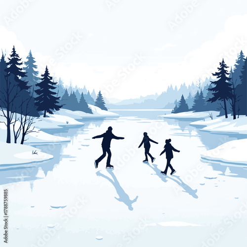 Winter ice skating vector illustration of outdoor activity in snow landscape