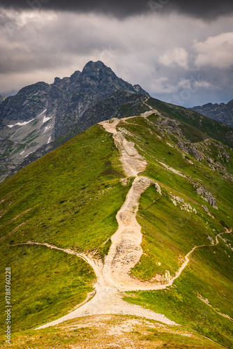 Fototapeta Naklejka Na Ścianę i Meble -  Kasprowy Wierch summit hiking trails with views of Hala Gąsienicowa in summer. Reached by cable car from Kuznice, Zakopane, Poland.