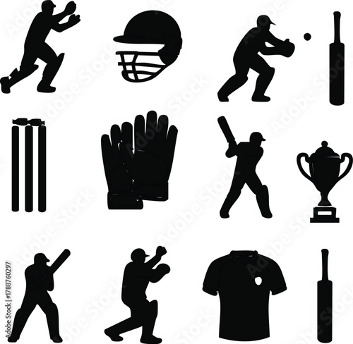 Cricket silhouette icon set vector illustration of players equipment and trophy isolated on white background