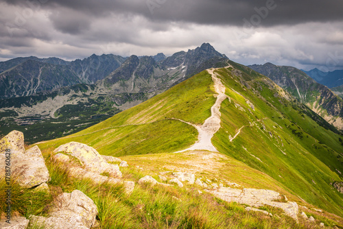 Fototapeta Naklejka Na Ścianę i Meble -  Kasprowy Wierch summit hiking trails with views of Hala Gąsienicowa in summer. Reached by cable car from Kuznice, Zakopane, Poland.
