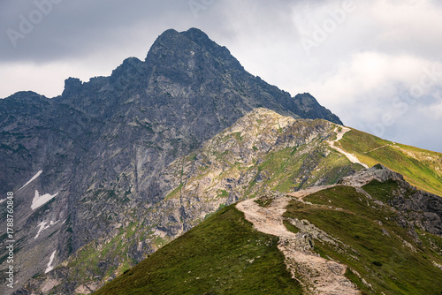 Fototapeta Naklejka Na Ścianę i Meble -  Kasprowy Wierch summit hiking trails with views of Hala Gąsienicowa in summer. Reached by cable car from Kuznice, Zakopane, Poland.