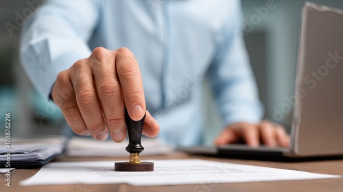 Professional hand stamps official document with approval seal in modern office setting, signifying legal process and commitment