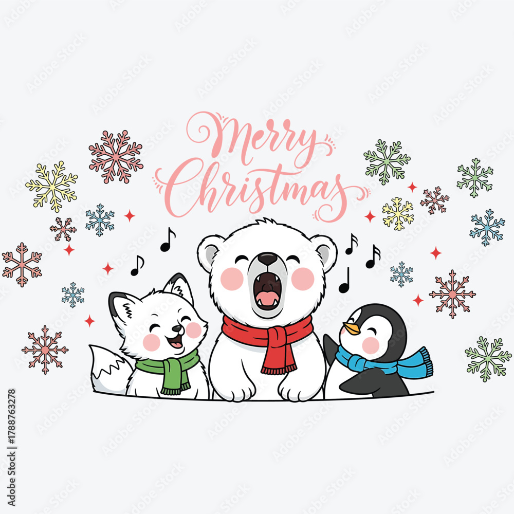 Fototapeta premium Happy polar bear, fox, penguin sing festive Christmas carols. 