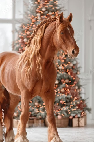 red horse in winter 
red horse, majestic horse, Christmas tree, festive decorations, holiday scene, luxury interior, glowing lights, shiny coat, braided mane, well-groomed horse, healthy horse