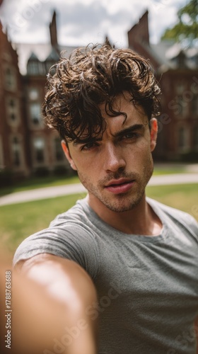 A young male college student taking a selfie with a smartphone, lean toned build with defined arms and a slim waist.