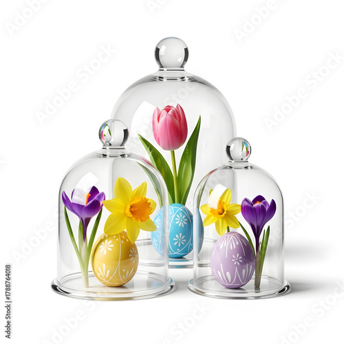 A decorative display of colorful flowers and Easter eggs encased in glass cloches, perfect for festive spring celebrations.
