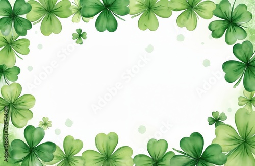Green watercolor shamrock border frames white space perfect for St Patricks Day cards invitations or spring holiday themes. Lucky clover symbols create a festive Irish feel.