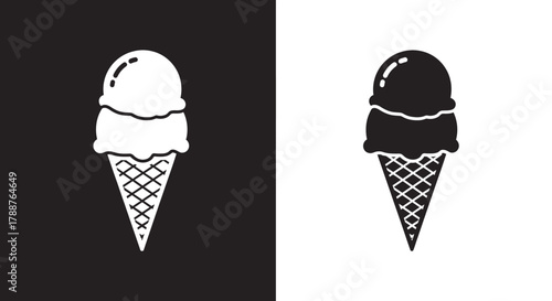 Simple two scoop ice cream cone vector icon illustration in black and white.