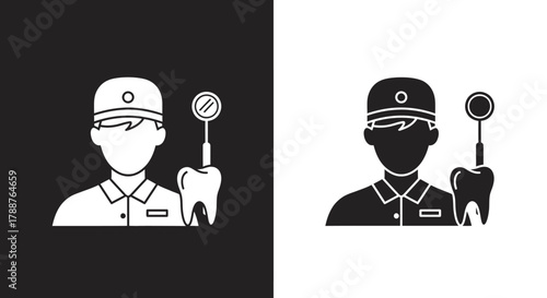 Dental Care Vector Icon with Dentist Character Holding Tooth and Mirror