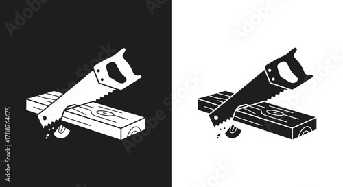 Carpentry Vector Icon of a Hand Saw Cutting Wood in a Monochrome Silhouette Style