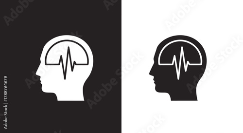 Human head silhouette with brainwave pulse icon set.