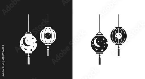Minimalist Celestial Lantern Vector Illustration in Black and White