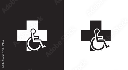 Minimalist Medical Accessibility Vector Icon with Cross and Wheelchair Symbol