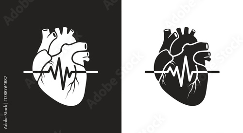 Minimalist Medical Vector Logo with Anatomical Heart and EKG Waveform
