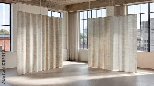 Modern loft with floor-to-ceiling windows and stylish vertical blinds in bright urban space