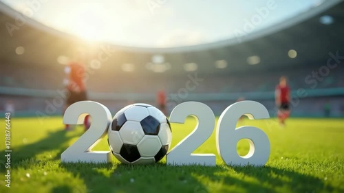 Numbers 2026 with a soccer ball and football players on the stadium field, sports event concept, sports brands, teamwork, competitions and championship promotions.