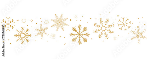 Christmas border with wave gold snowflakes and star, happy new year holiday banner, greeting card decoration pattern, minimal festive design element. Vector illustration.